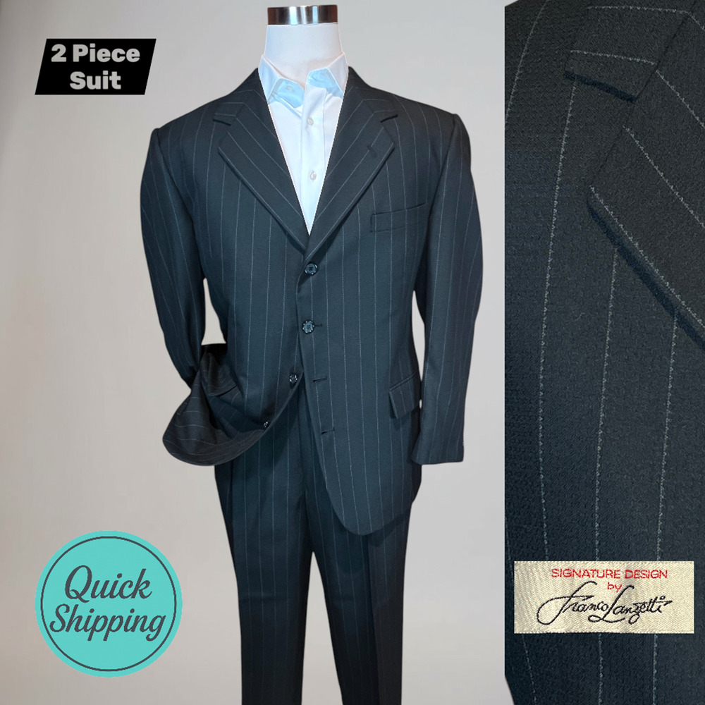 Vintage Franco Lanzetti Mens 46R 38x29 Black Gray Banker's Stripe 4 Btn Suit